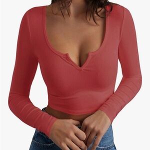 Long Sleeve Scoop Neck V Notch Ribbed Slim Fitted Crop Top